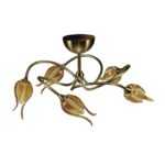 Plafonnier 5 lumières laiton massif bruni et verrerie ambre