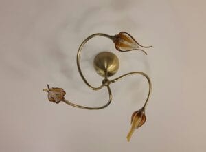 Plafonnier 3 lumières laiton massif bruni et verrerie ambre