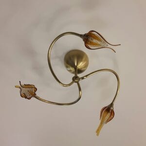 Plafonnier 3 lumières laiton massif bruni et verrerie ambre