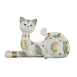 Statue chat résine crème et doré Ht 12 cm