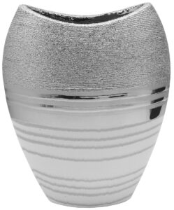 Vase ovale céramique blanc, argent et chromé Ht 29.5 cm
