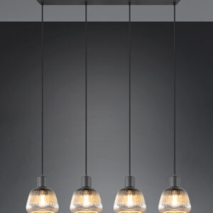Suspension 4 lumières métal noir verre fumé