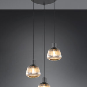 Suspension 3 lumières métal noir verre fumé