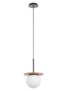 Suspension métal noir/bois naturel verre opale