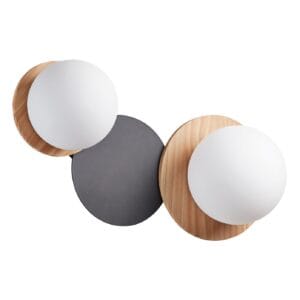 Applique métal noir/bois naturel verre opale